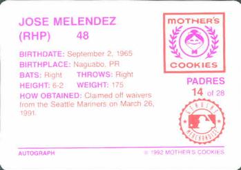 1992 Mother's Cookies San Diego Padres #14 Jose Melendez Back