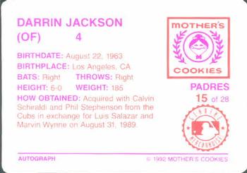 1992 Mother's Cookies San Diego Padres #15 Darrin Jackson Back