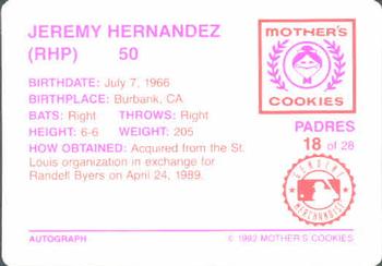 1992 Mother's Cookies San Diego Padres #18 Jeremy Hernandez Back