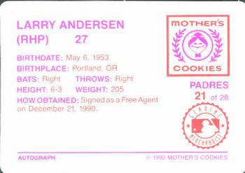 1992 Mother's Cookies San Diego Padres #21 Larry Andersen Back