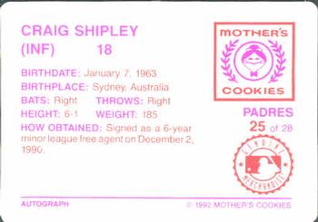 1992 Mother's Cookies San Diego Padres #25 Craig Shipley Back