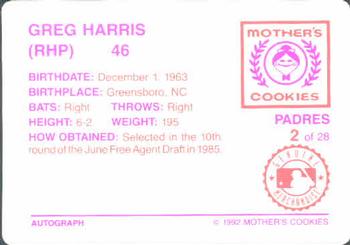 1992 Mother's Cookies San Diego Padres #2 Greg Harris Back