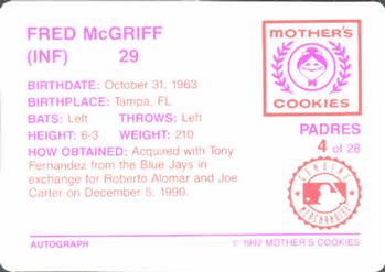 1992 Mother's Cookies San Diego Padres #4 Fred McGriff Back
