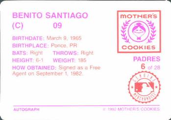 1992 Mother's Cookies San Diego Padres #6 Benito Santiago Back