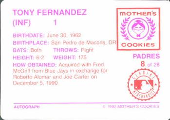 1992 Mother's Cookies San Diego Padres #8 Tony Fernandez Back