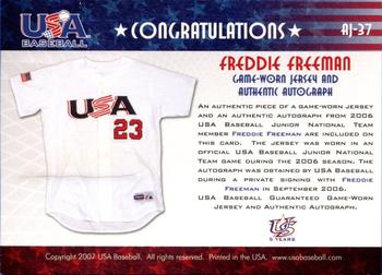 2006-07 USA Baseball Box Set  - Signatures Jersey Blue #AJ-37 Freddie Freeman Back