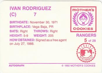 1992 Mother's Cookies Texas Rangers #5 Ivan Rodriguez Back