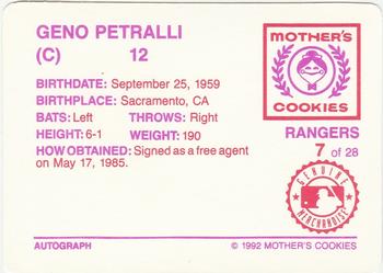 1992 Mother's Cookies Texas Rangers #7 Geno Petralli Back