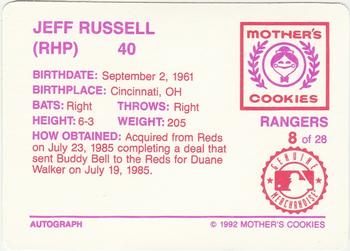 1992 Mother's Cookies Texas Rangers #8 Jeff Russell Back