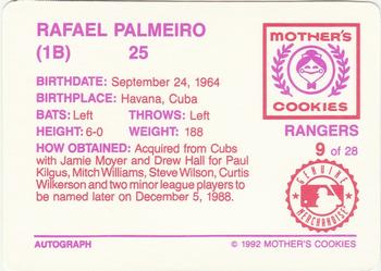 1992 Mother's Cookies Texas Rangers #9 Rafael Palmeiro Back