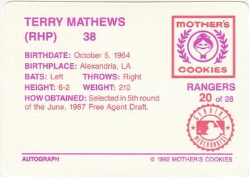 1992 Mother's Cookies Texas Rangers #20 Terry Mathews Back