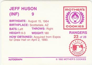 1992 Mother's Cookies Texas Rangers #23 Jeff Huson Back