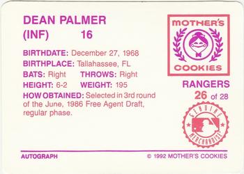 1992 Mother's Cookies Texas Rangers #26 Dean Palmer Back