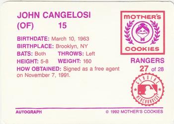 1992 Mother's Cookies Texas Rangers #27 John Cangelosi Back