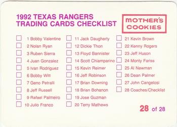 1992 Mother's Cookies Texas Rangers #28 Coaches & Checklist (Tom Robson / Ray Burris / Toby Harrah / Dave Oliver / Tom House / Orlando Gomez) Back