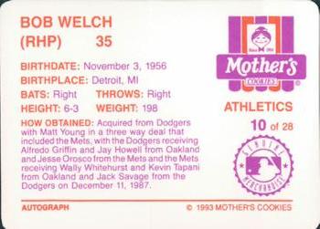 1993 Mother's Cookies Oakland Athletics #10 Bob Welch Back