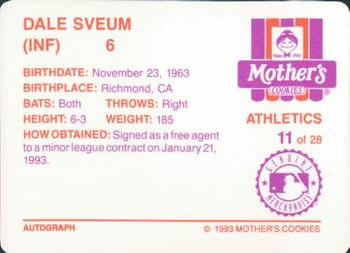1993 Mother's Cookies Oakland Athletics #11 Dale Sveum Back