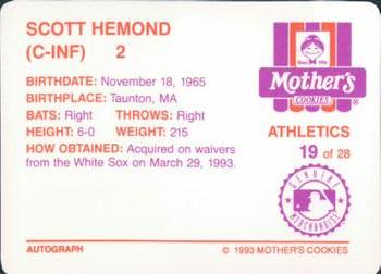 1993 Mother's Cookies Oakland Athletics #19 Scott Hemond Back