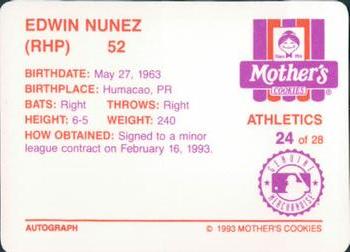 1993 Mother's Cookies Oakland Athletics #24 Edwin Nunez Back
