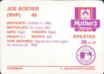 1993 Mother's Cookies Oakland Athletics #25 Joe Boever Back