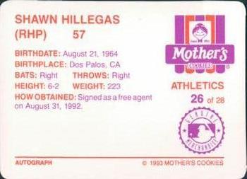 1993 Mother's Cookies Oakland Athletics #26 Shawn Hillegas Back