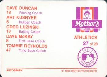 1993 Mother's Cookies Oakland Athletics #27 Coaches Card (Dave McKay / Tommie Reynolds / Greg Luzinski / Dave Duncan / Art Kusnyer) Back