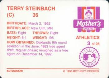1993 Mother's Cookies Oakland Athletics #3 Terry Steinbach Back