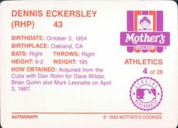1993 Mother's Cookies Oakland Athletics #4 Dennis Eckersley Back