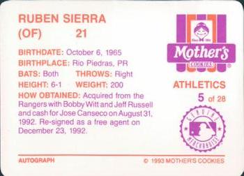1993 Mother's Cookies Oakland Athletics #5 Ruben Sierra Back