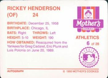 1993 Mother's Cookies Oakland Athletics #6 Rickey Henderson Back