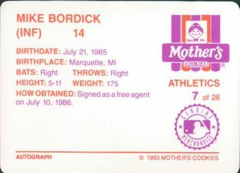 1993 Mother's Cookies Oakland Athletics #7 Mike Bordick Back