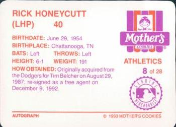 1993 Mother's Cookies Oakland Athletics #8 Rick Honeycutt Back