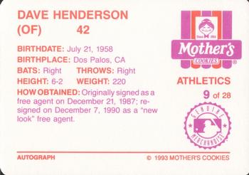 1993 Mother's Cookies Oakland Athletics #9 Dave Henderson Back