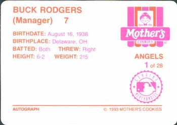1993 Mother's Cookies California Angels #1 Buck Rodgers Back