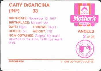 1993 Mother's Cookies California Angels #2 Gary DiSarcina Back
