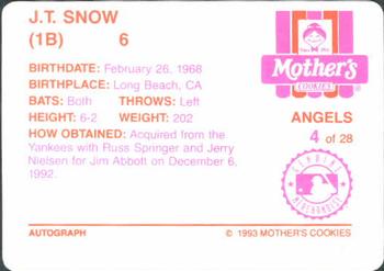 1993 Mother's Cookies California Angels #4 J.T. Snow Back