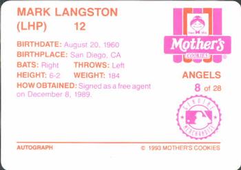 1993 Mother's Cookies California Angels #8 Mark Langston Back