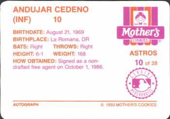 1993 Mother's Cookies Houston Astros #10 Andujar Cedeno Back