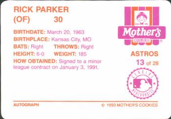 1993 Mother's Cookies Houston Astros #13 Rick Parker Back