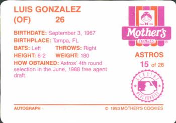 1993 Mother's Cookies Houston Astros #15 Luis Gonzalez Back
