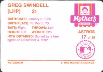 1993 Mother's Cookies Houston Astros #17 Greg Swindell Back