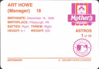 1993 Mother's Cookies Houston Astros #1 Art Howe Back