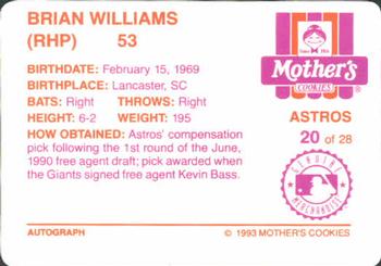 1993 Mother's Cookies Houston Astros #20 Brian Williams Back