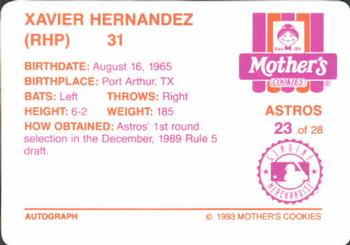1993 Mother's Cookies Houston Astros #23 Xavier Hernandez Back