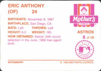 1993 Mother's Cookies Houston Astros #8 Eric Anthony Back