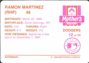 1993 Mother's Cookies Los Angeles Dodgers #12 Ramon Martinez Back