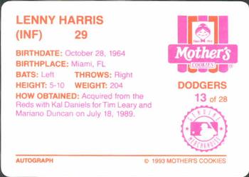 1993 Mother's Cookies Los Angeles Dodgers #13 Lenny Harris Back