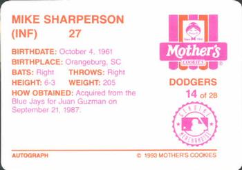 1993 Mother's Cookies Los Angeles Dodgers #14 Mike Sharperson Back