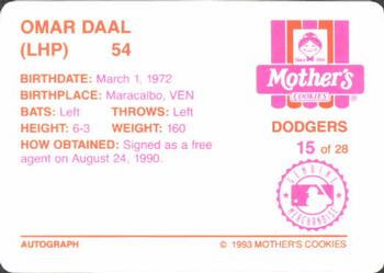 1993 Mother's Cookies Los Angeles Dodgers #15 Omar Daal Back