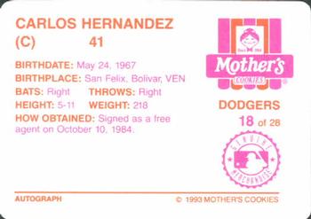1993 Mother's Cookies Los Angeles Dodgers #18 Carlos Hernandez Back